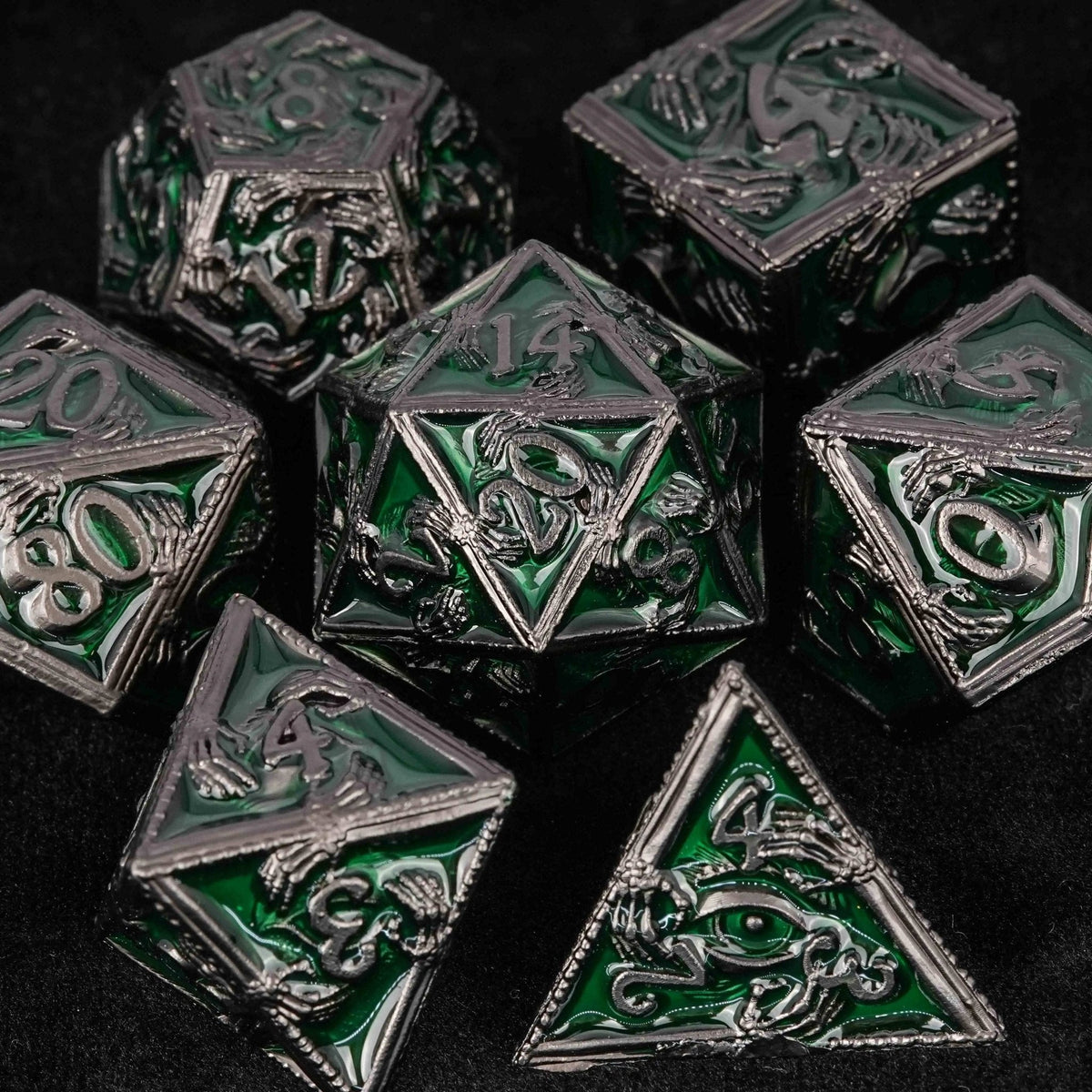 Wizard Metal DND Dice Set – Mystic Wizard - Dark Skeleton Hand Metal DND Dice Set