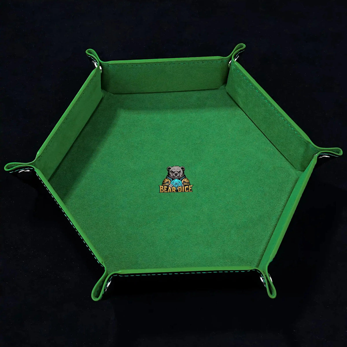 World Cup Dice Tray – Leather – Hexagonal black PU leather RPG dice tray with silver buttons. Green dice tray lining