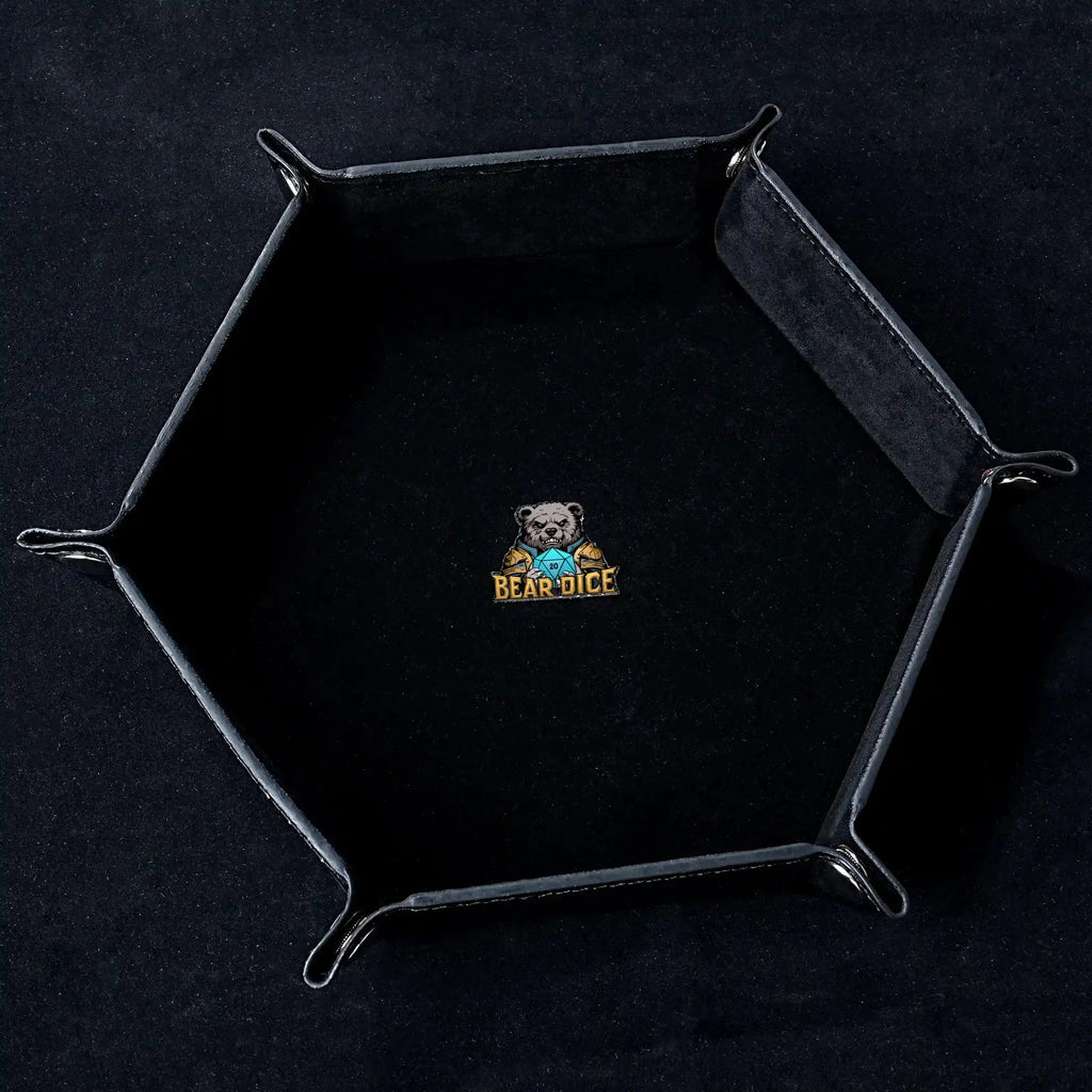World Cup Dice Tray – Leather – Hexagonal black leather RPG dice tray with silver buckle, featuring the logo in the