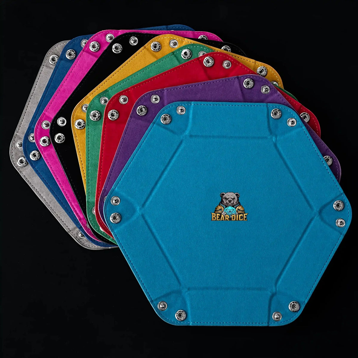 World Cup Dice Tray – Leather – Hexagonal PU leather RPG dice tray with silver buttons, available in nine colors. The