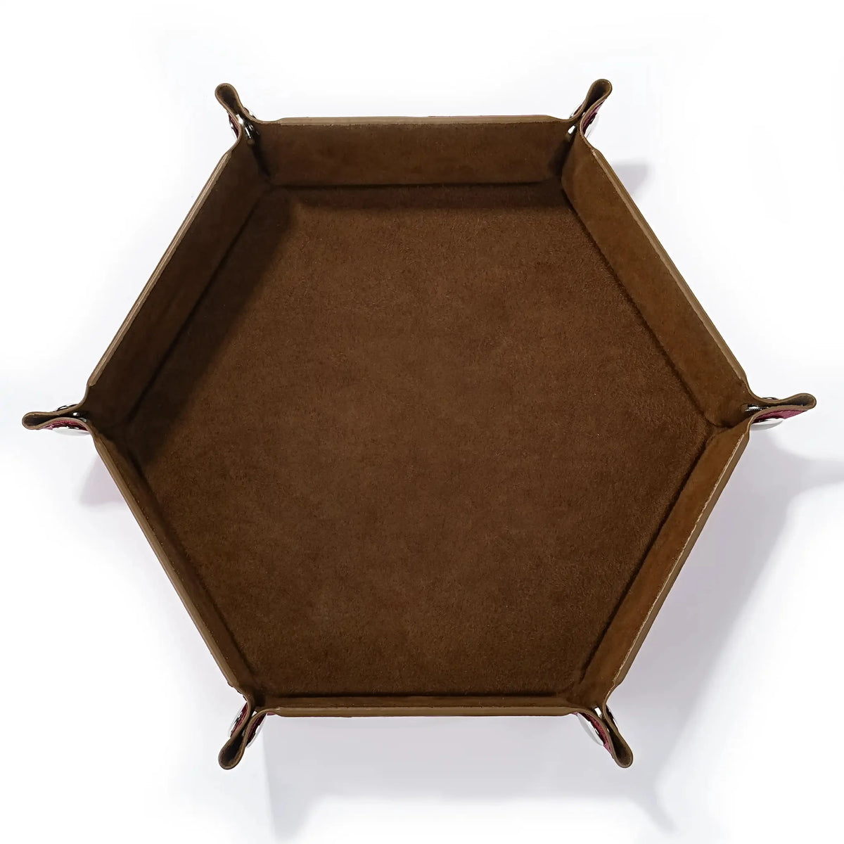 World Cup Dice Tray – Leather – Hexagonal red PU leather RPG dice tray with silver buttons and brown lining