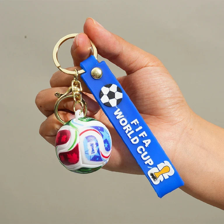 World Cup Soccer Keychain – Fan Souvenir – 2026 World Cup Soccer Pendant Keychain – Gold Keychain with Blue Leather Cord