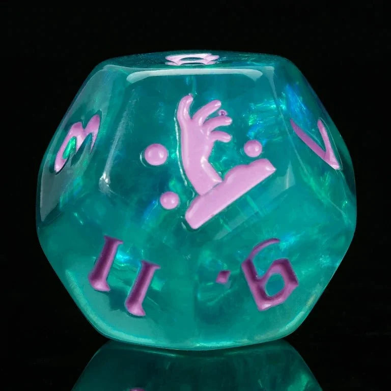 Zombie Resin DND Dice Set – Kickstarter Trickster Dice - Kickstarter Green Resin DND D12 Dice, engraved with a hand