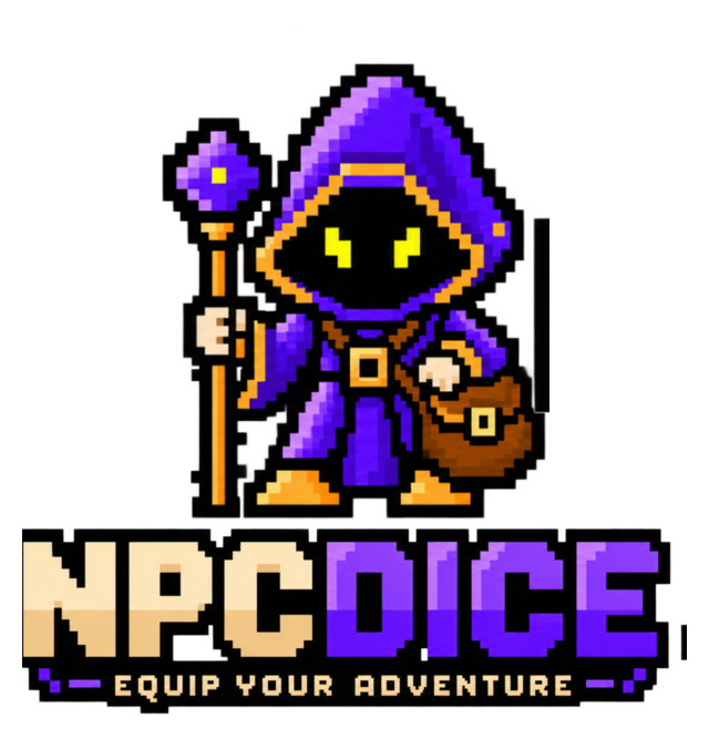 NPCDICE merchant character holding a staff and gear bag